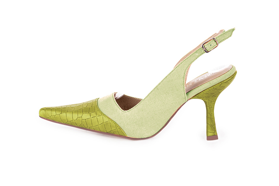 French elegance and refinement for these pistachio green dress slingback shoes, 
                available in many subtle leather and colour combinations. For fans of a quirky "Rock" style pointed toe.
To be personalized or not with your materials and colors.  
                Matching clutches for parties, ceremonies and weddings.   
                You can customize these shoes to perfectly match your tastes or needs, and have a unique model.  
                Choice of leathers, colours, knots and heels. 
                Wide range of materials and shades carefully chosen.  
                Rich collection of flat, low, mid and high heels.  
                Small and large shoe sizes - Florence KOOIJMAN
